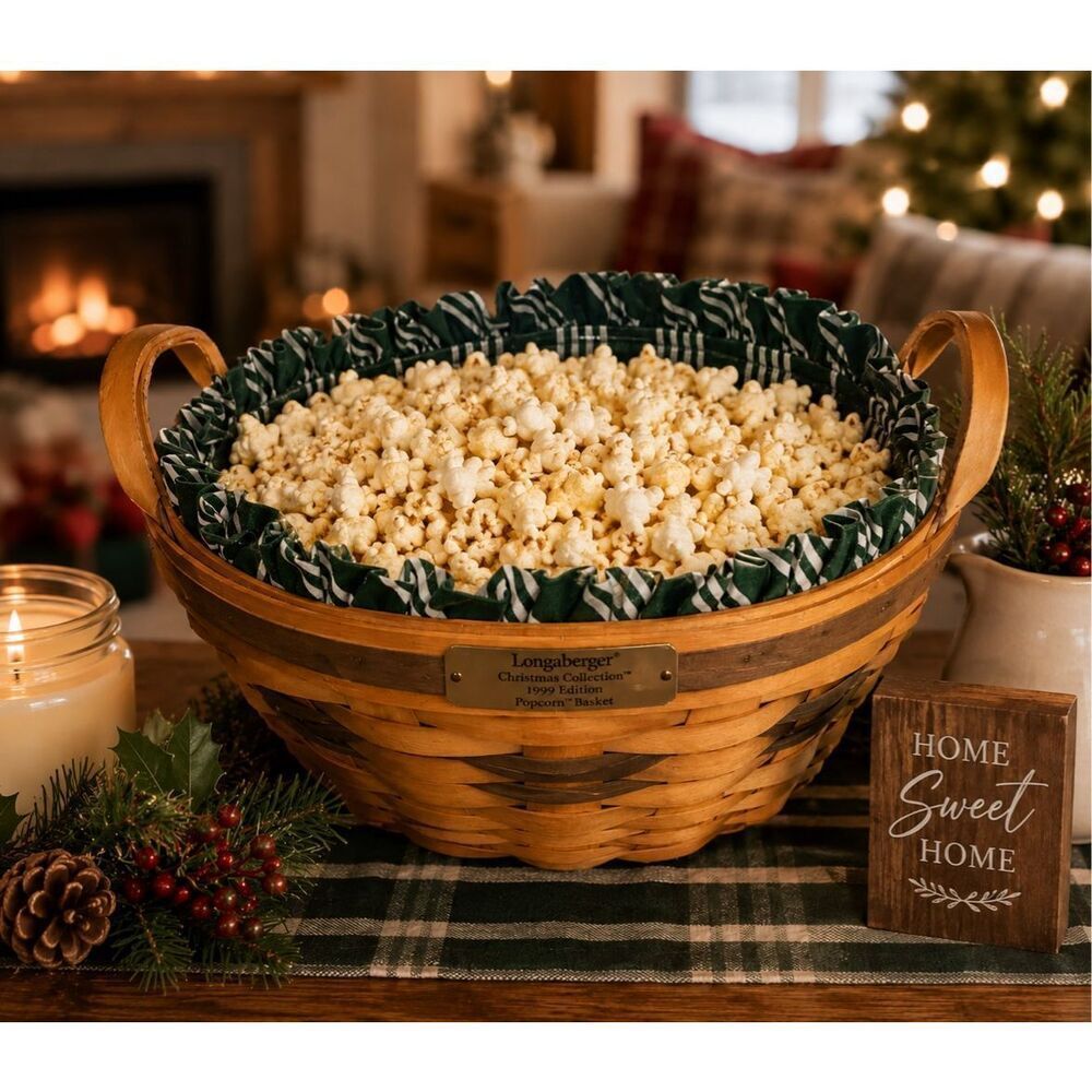 Popcorn Basket w/ Liner & Protector 1999 Christmas Holiday Longaberger GREEN